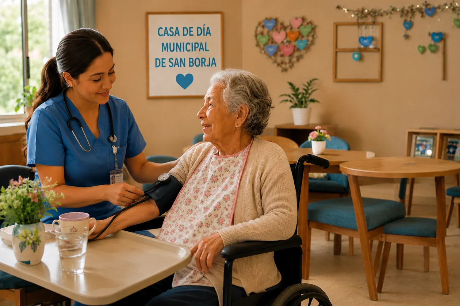 Profesional de salud atendiendo a una adulta mayor en la Casa de Día Municipal