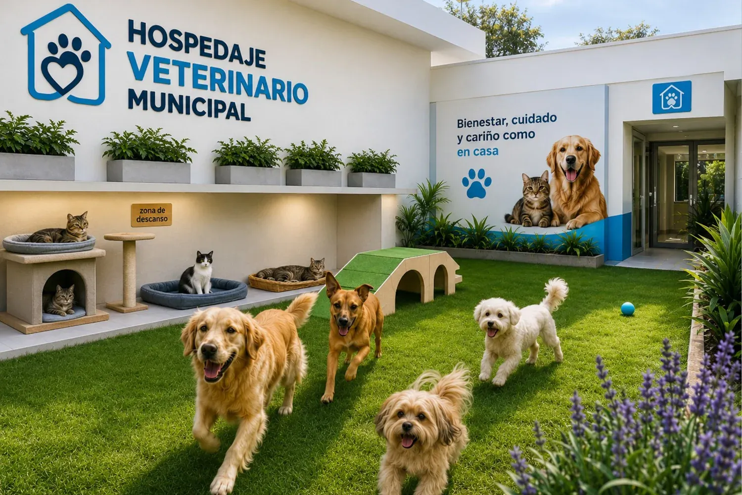 Hospedaje veterinario municipal con áreas de cuidado y recreación para mascotas